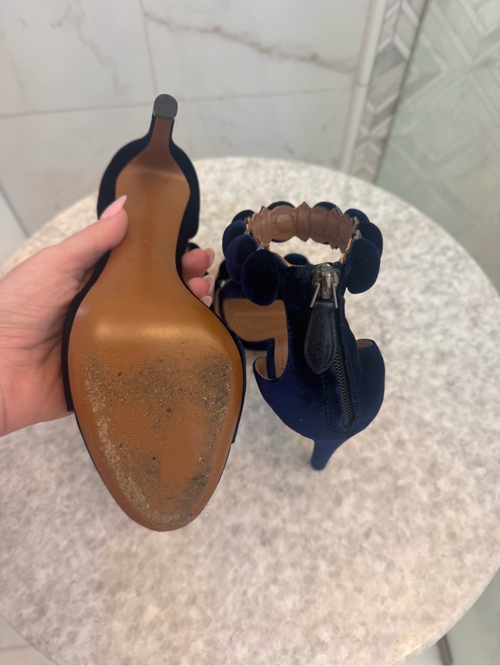 Alaia Navy Satin Pom-Pom Ankle-Strap Heels - Picture 16 of 16